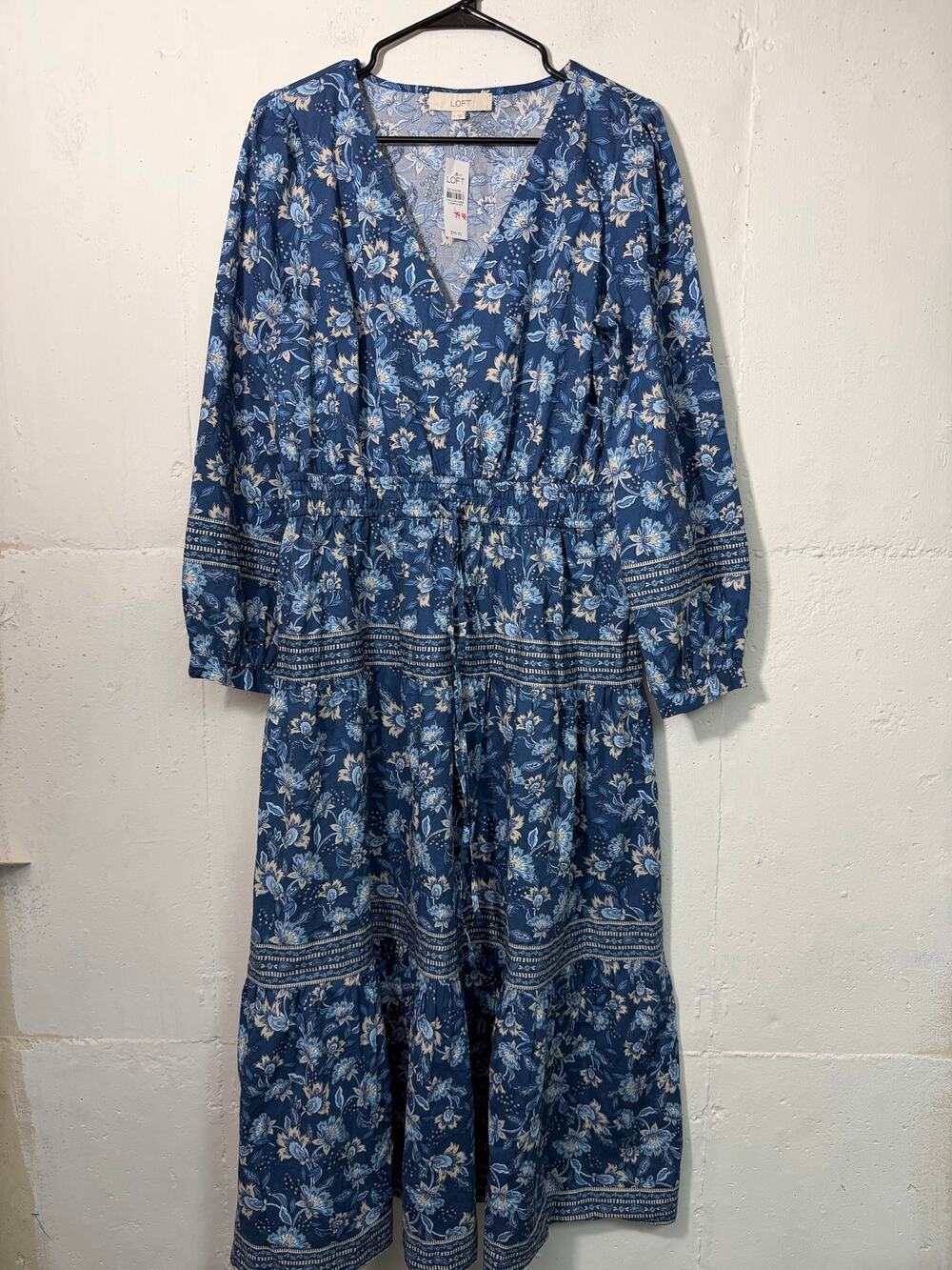NEW Loft Blue Tiered Floral Maxi Dress Long Sleeve SIze Large